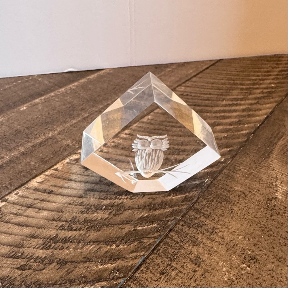 Vintage‎ Etched Acrylic Cube Owl Paperweight 3" Decor